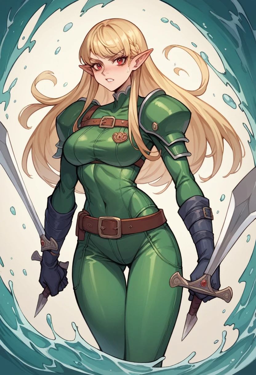 The 16-year-old elf heroine has striking blonde hair that falls in tousled waves around her face, framing her delicate features. Her slender physique exudes a sense of agility and flexibility, perfectly suited to her robber persona. Clad in rugged dark robber attire, she wears protective leather armor that suggests her preparedness for any encounter. The glint of throwing knives secured to her belt adds a dangerous edge to her youthful and energetic aura, hinting at the formidable skills hidden beneath her seemingly innocent appearance.