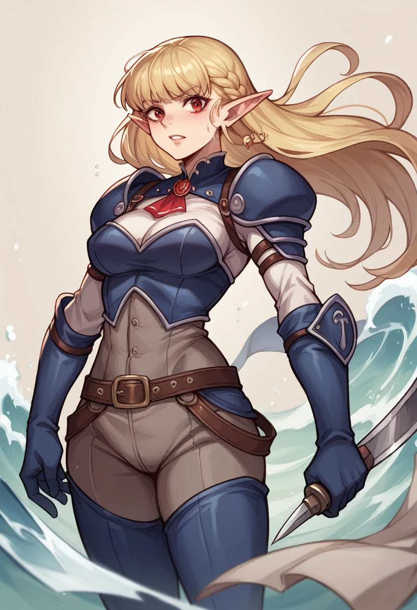The 16-year-old elf heroine has striking blonde hair that falls in tousled waves around her face, framing her delicate features. Her slender physique exudes a sense of agility and flexibility, perfectly suited to her robber persona. Clad in rugged dark robber attire, she wears protective leather armor that suggests her preparedness for any encounter. The glint of throwing knives secured to her belt adds a dangerous edge to her youthful and energetic aura, hinting at the formidable skills hidden beneath her seemingly innocent appearance.
