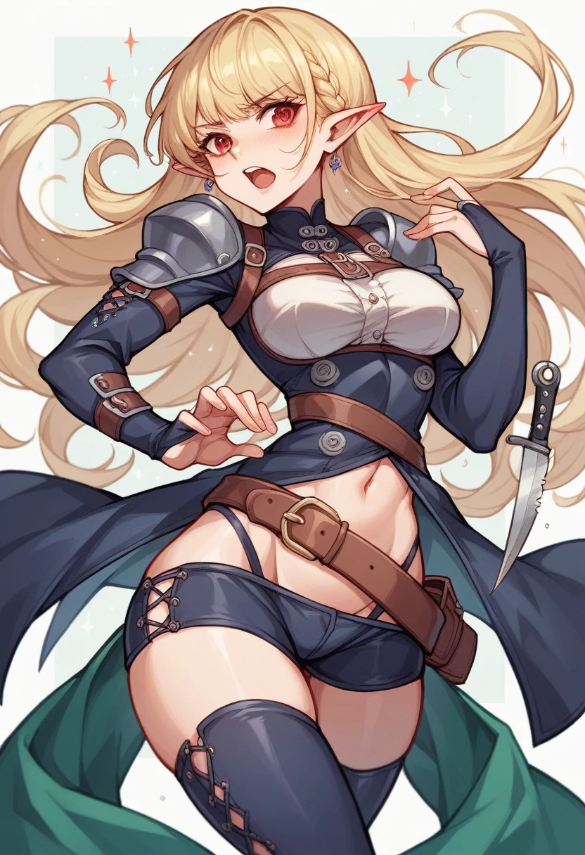 The 16-year-old elf heroine has striking blonde hair that falls in tousled waves around her face, framing her delicate features. Her slender physique exudes a sense of agility and flexibility, perfectly suited to her robber persona. Clad in rugged dark robber attire, she wears protective leather armor that suggests her preparedness for any encounter. The glint of throwing knives secured to her belt adds a dangerous edge to her youthful and energetic aura, hinting at the formidable skills hidden beneath her seemingly innocent appearance.