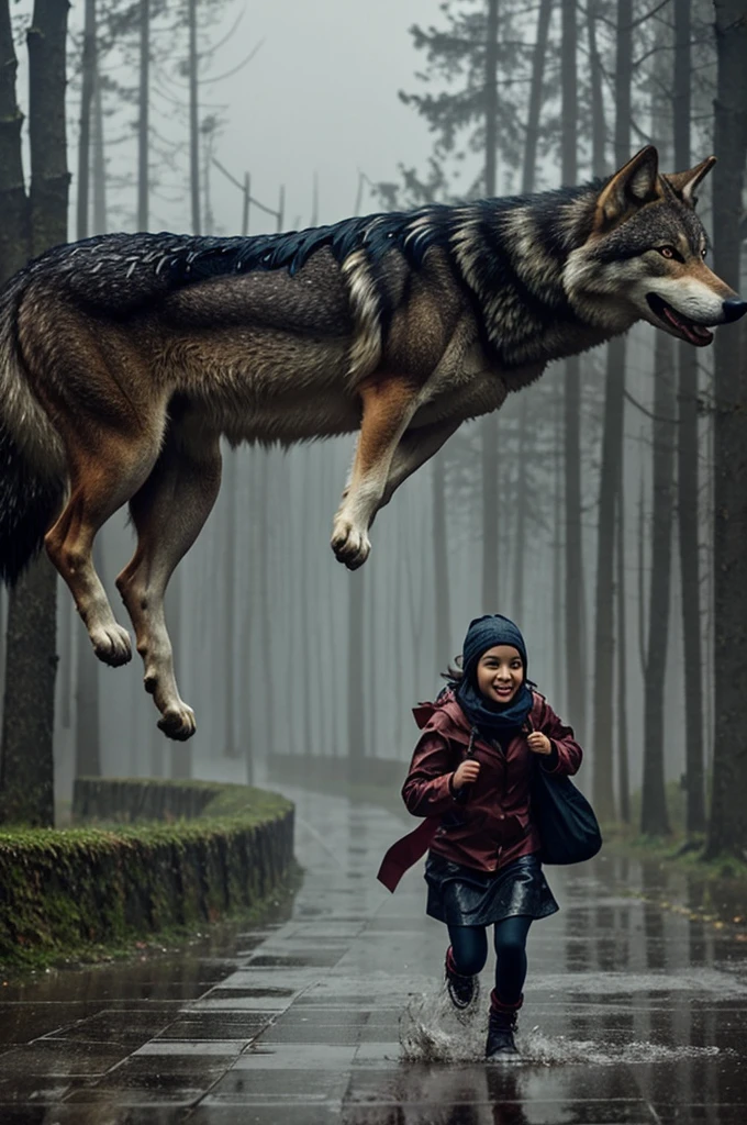 A girl escaping from a wolf in the rain