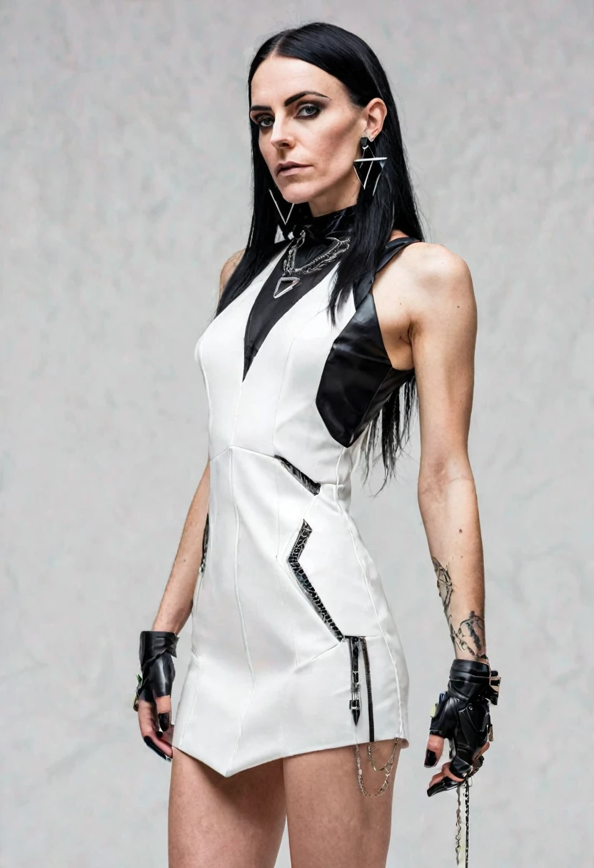 SLIM 40 years old woman, , small ass, black long hair, wearing white cyberpunk MINIDRESS with triangular forms, in a white background, black nails, triangular necklace, triangular earrings, showing vagina