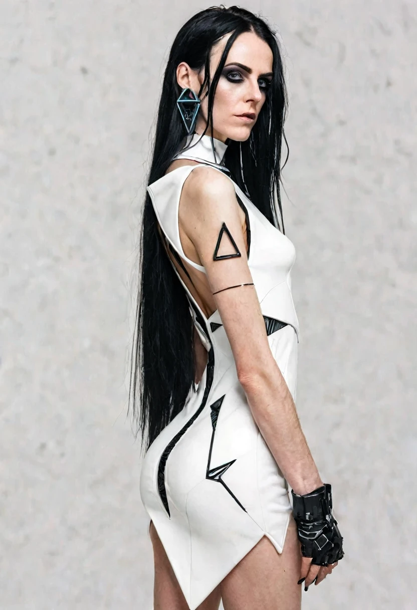SLIM 40 years old woman, , small ass, black long hair, wearing white cyberpunk MINIDRESS with triangular forms, in a white background, black nails, triangular necklace, triangular earrings, showing vagina