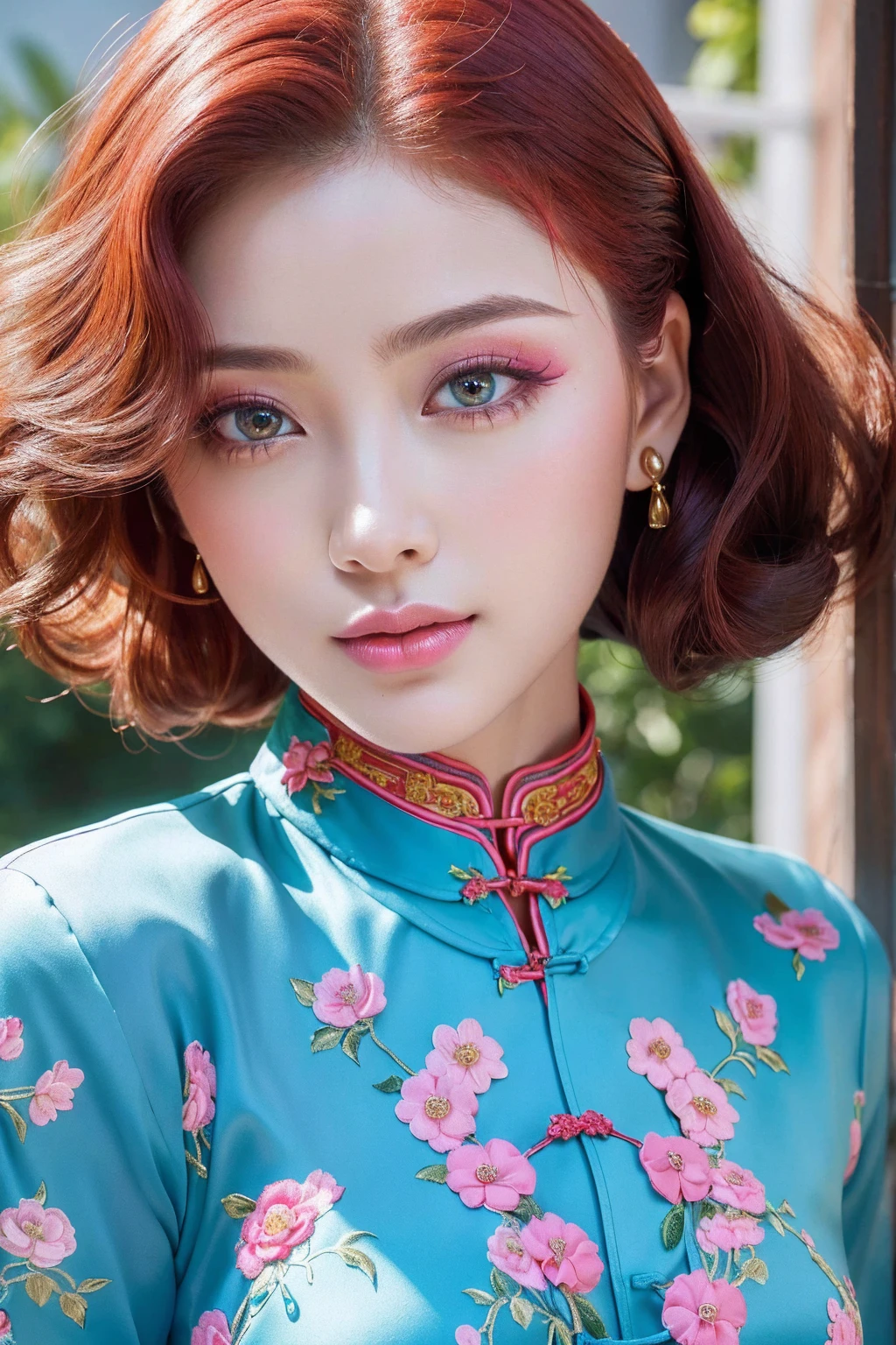 (absurd quality,16k,highres,masterpiece:1.2),ultra detailed,UHD,(realism,photorealistic), (1woman:1.3 22-year-old). BREAK, ((Fujicolor、daytime soft lighting)、fashion supermodel、(curly red hair(slicked to the side) insanely Details). BREAK, (pink_makeup:1.25). BREAK, ((Classic and sexy (blue) cheongsam)、Detailed decoration:1.2)),. (Fitted clothing:1.3)、dynamic pose、(close-up of her face: 1.3), no decorations in the hair