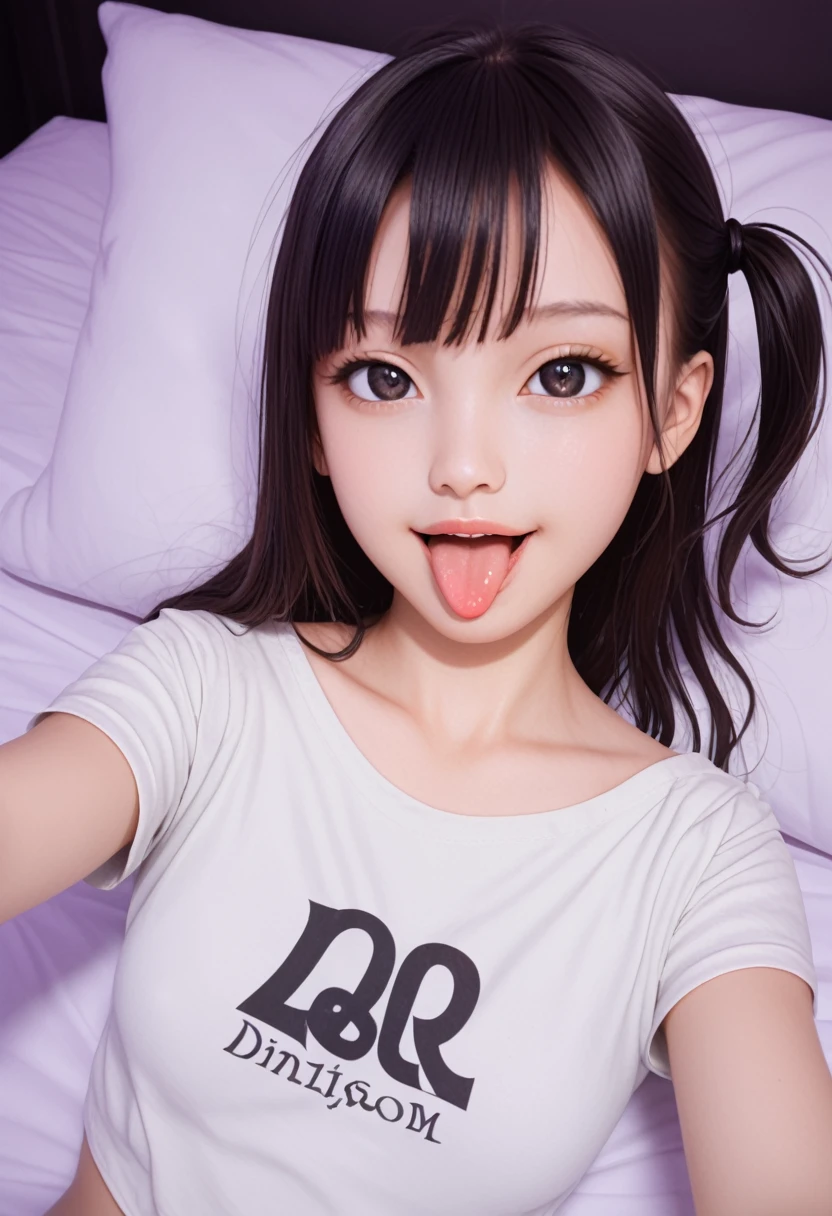 pastel colors t-shirt,off-shoulder look,bare shoulder,ollarbone,midriff peek,string panties,(open mouth:1.5),(tongue out:2),lying,Selfie,front view,upper body,(1girl,Beautiful 14 year old girl),((Slender,Small breasts,Small face,)),(looking at viewer),Black Hair,bangs,one side up,Beautiful and detailed,(Dimly lit room:1.5),Simple Background,White bed,pillow,Mischievous smile
