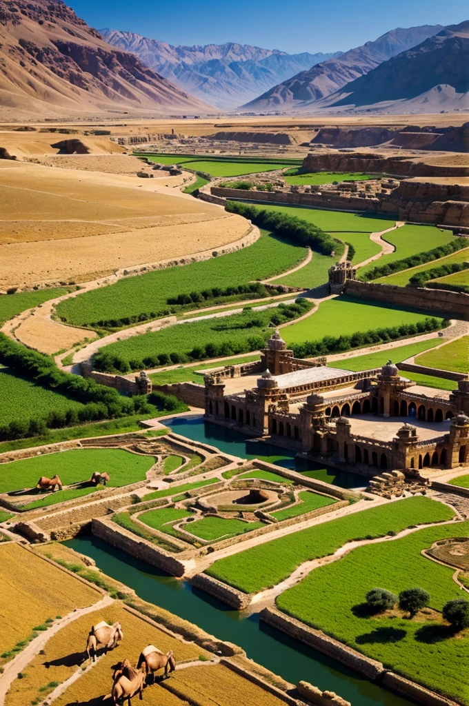 birds eye view, ancient city, fields, horses, valleys, camels, cows, flowing streams,rich agriculture, grand houses, temple, mountains, extravagant palaces, lofty towers