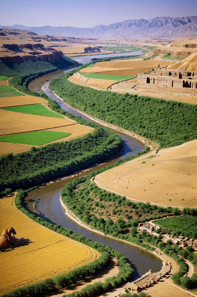 birds eye view, ancient city, fields, horses, valleys, camels, cows, flowing streams,rich agriculture, grand houses, temple, mountains, extravagant palaces, lofty towers