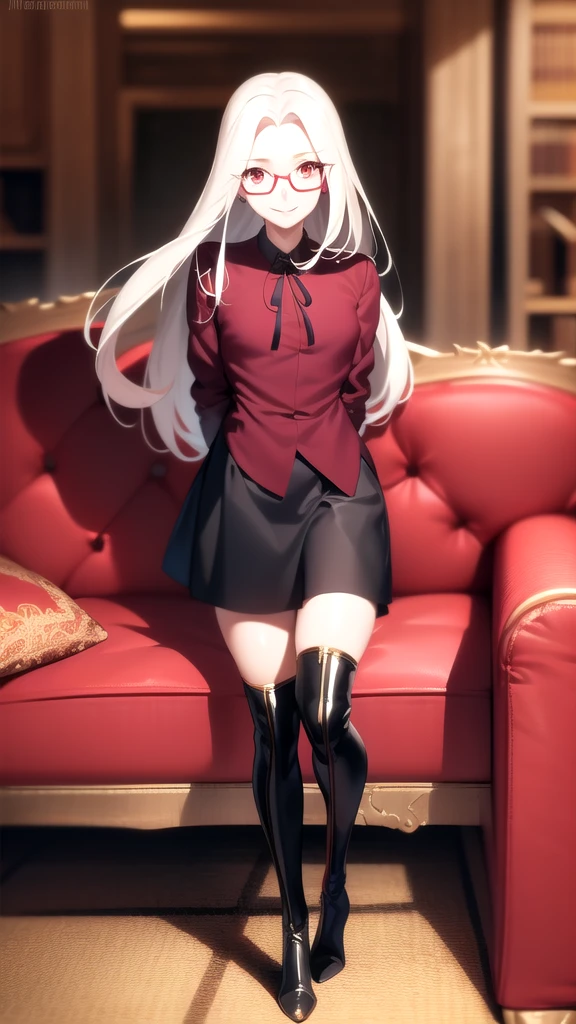 full body, 1girl, open mouth, detailed face, white hair gloss hair, tanned skin, brown skin, shoulder length hair, blue eyes, highres, highly detailed face, Detailed eyes, white shirt, short sleeves, black stockings, high stockings, pleated skirt, evil smile, commanding pose, confident expression, sitting in sofa, living room, detailed background,