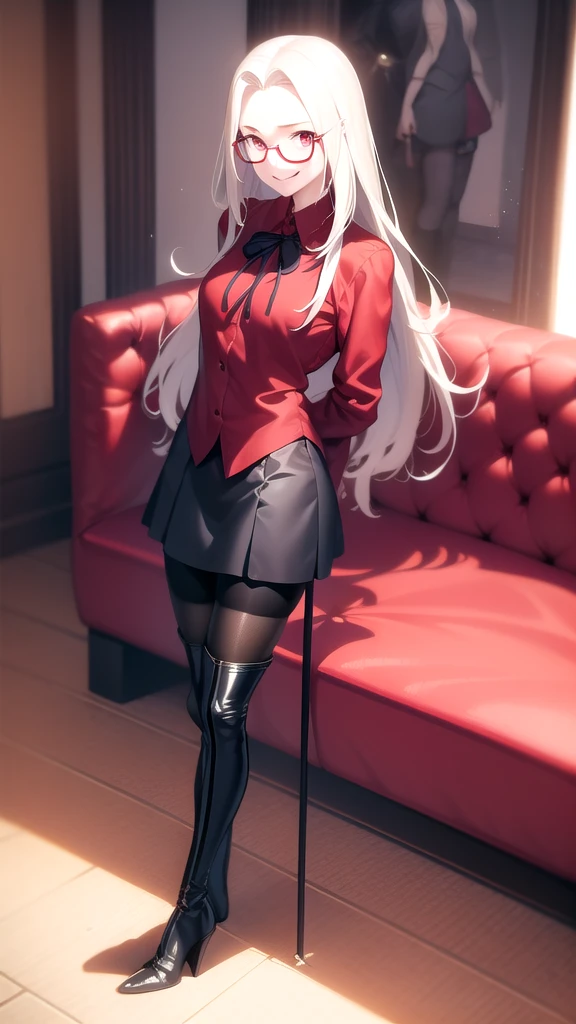 masterpiece, best quality, absurdres, perfect anatomy, 1girl, solo, Irisviel von Einzbern, long hair, red shirt, glasses, dress shirt, black skirt, pantyhose, cowboy shot, standing, smile, indoors, arms behind back, thighhigh boots, heels, full body, sit, crossed legs, sofa,