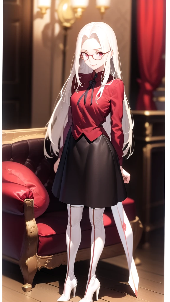 masterpiece, best quality, absurdres, perfect anatomy, 1girl, solo, Irisviel von Einzbern, long hair, red shirt, glasses, dress shirt, black skirt, pantyhose, cowboy shot, standing, smile, indoors, arms behind back, thighhigh boots, heels, full body, sit, crossed legs, sofa, 