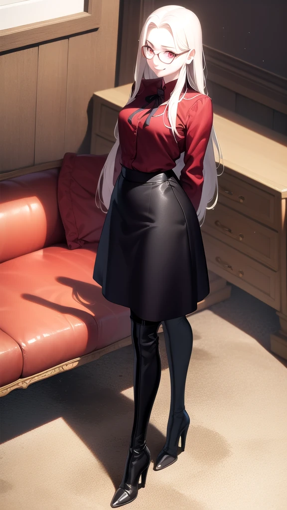 masterpiece, best quality, absurdres, perfect anatomy, 1girl, solo, Irisviel von Einzbern, long hair, red shirt, glasses, dress shirt, black skirt, pantyhose, cowboy shot, standing, smile, indoors, arms behind back, thighhigh boots, heels, full body, sit, crossed legs, sofa,