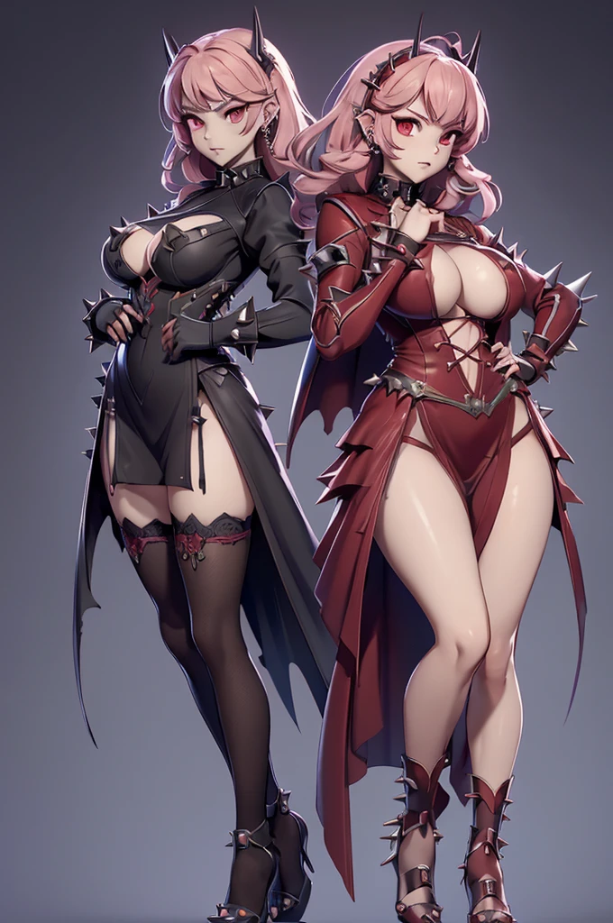 Scarlet Castlevania, (Scarlet Castlevania), tenebrosa, standing alone, ray tracing, 3D style, 3dmm, ((3 poses per photo)), ((3 poses in each photo)), fully body,(from front view),(Rear view), (view on the left), blackstockings, Tear at the waist,(((3 poses per photo))),((symetry)) ,((ultra realistic skin)),(minimalist details),((large open dress with v-cuts)),(((dress with spikes))),(((slits between the legs))),(((well-defined groin))),(drawn curve),(((necklines))),(((thick and beautiful legs))),(((big boobies)))