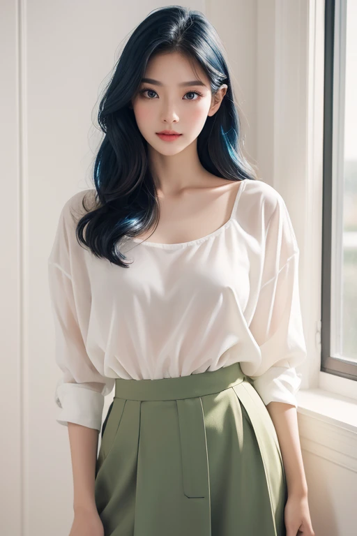 Top quality, RAW Photo, Highest Quality Image, 16K, Full body, Age 47 years old, Realistic, Photorealistic, Beautiful Chubby Asian girls, Sexy, Chubby body, White pale skin, Beautiful hair, Wavy hair, Blue Hair,, Short hairstyle, Detailed face, Detailed body, Detailed skin, Double eyelids, Big eyes, long eyelashes, bright eyes, green eyes, natural lips, detailed lips, Round shape breasts, Beautiful breasts, Small Breasts, flat chested, Perfect breasts, posing in modern style white room, pink tone light , soft light , light wind, wearing white shirt, wearing black skirt