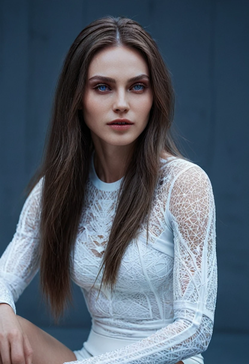 Fashionable of androgynous alien looking witch, glowing eyes, beautiful evil slavic muscular woman, pale skin, long hair, futuristic design, minimal details, givenchy, photoreal, 200mm, hd, f/ 2.0, highly detailed, surreal, sitting, light smile, simple white stylish clothes, a slight smiledrop dead, in the style of red and blue, (intricate details, hyperdetailed:1.15) (skin texture:1.2), cinematic, professional, 4k, (((dynamic model pose))), sitting, full body, mesmerizing, dynamic, dramatic, dynamic pose, highly detailed skin with hair, subcutaneous veins, light and shadow play, highly detailed,24mm photograph, film, bokeh, professional, 4k,