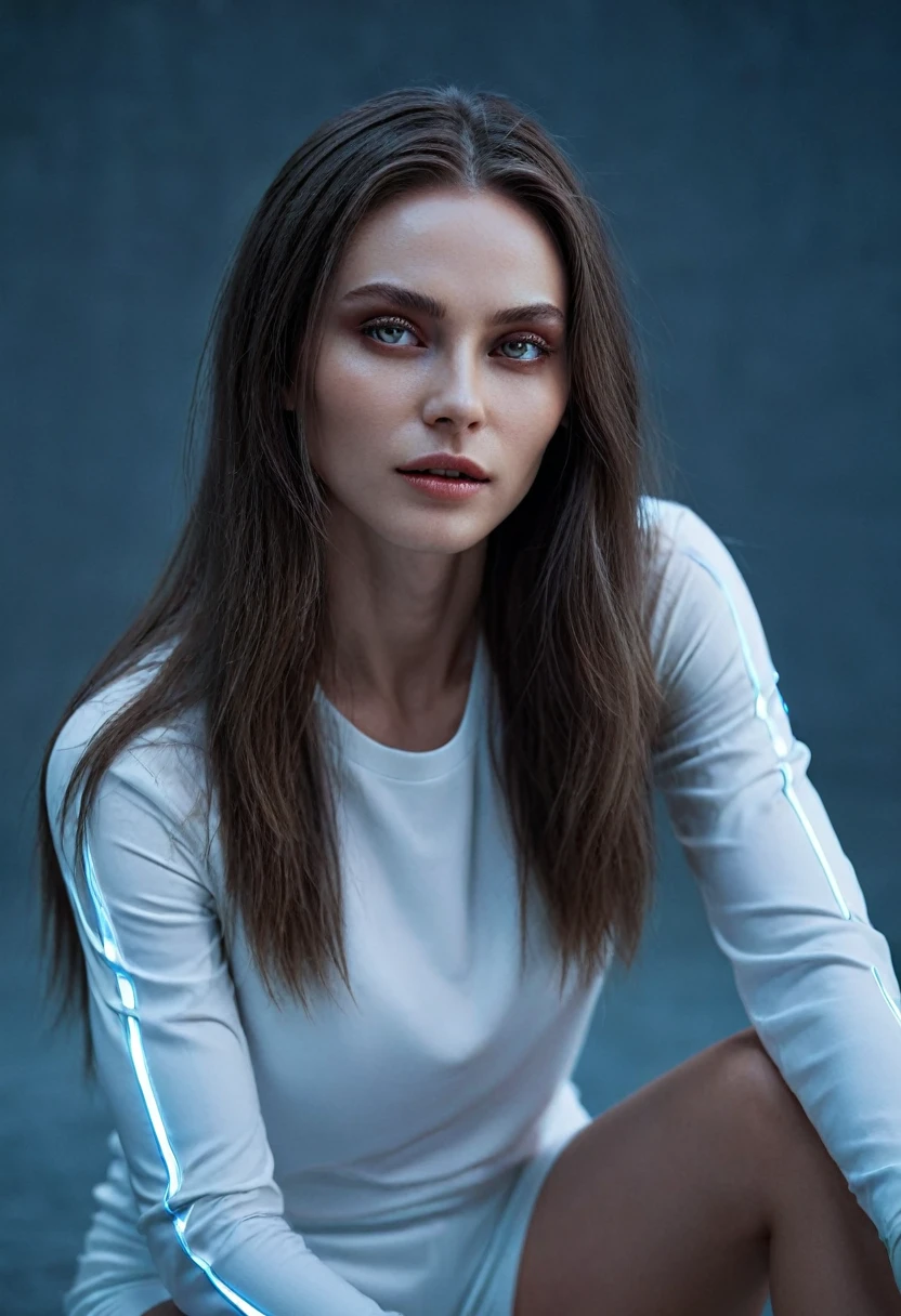 Fashionable of androgynous alien looking witch, glowing eyes, beautiful evil slavic muscular woman, pale skin, long hair, futuristic design, minimal details, givenchy, photoreal, 200mm, hd, f/ 2.0, highly detailed, surreal, sitting, light smile, simple white stylish clothes, a slight smiledrop dead, in the style of red and blue, (intricate details, hyperdetailed:1.15) (skin texture:1.2), cinematic, professional, 4k, (((dynamic model pose))), sitting, full body, mesmerizing, dynamic, dramatic, dynamic pose, highly detailed skin with hair, subcutaneous veins, light and shadow play, highly detailed,24mm photograph, film, bokeh, professional, 4k,