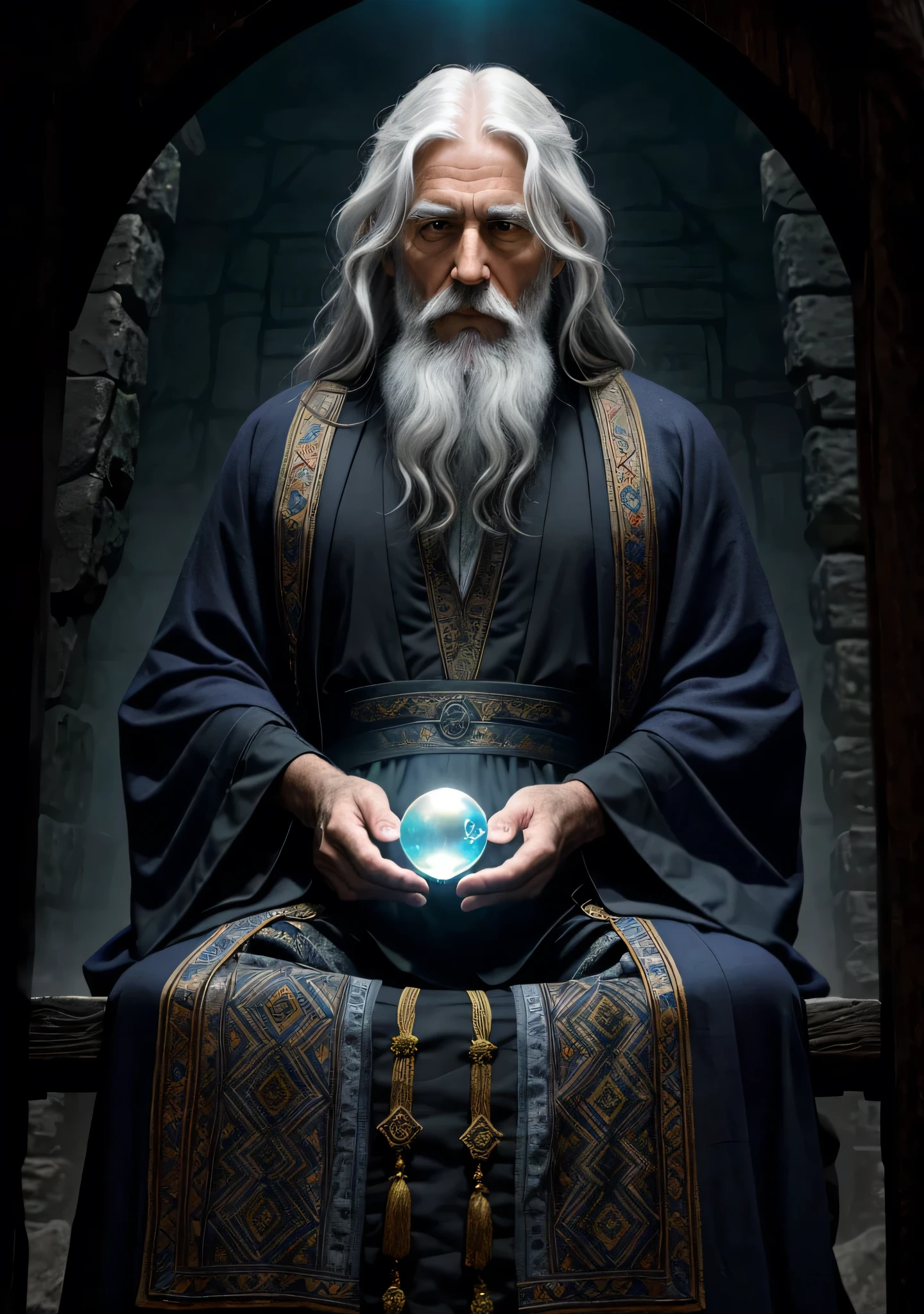 In the dimly lit chamber, an ancient wizard can be seen, his long grey beard and wisps of white hair framing a wise and weathered face. His eyes, filled with wisdom and age, gleam with an inexplicable mystique. He wears a robe made of rich, deep colors, adorned with intricate runes and symbols, hinting at his centuries-old knowledge. His posture exudes a sense of power and serenity, as he sits cross-legged on a worn, mysterious-looking crystal ball, his hands lightly touching its smooth surface. His entire aura radiates the awe-inspiring aura of an old wizard, a master of
