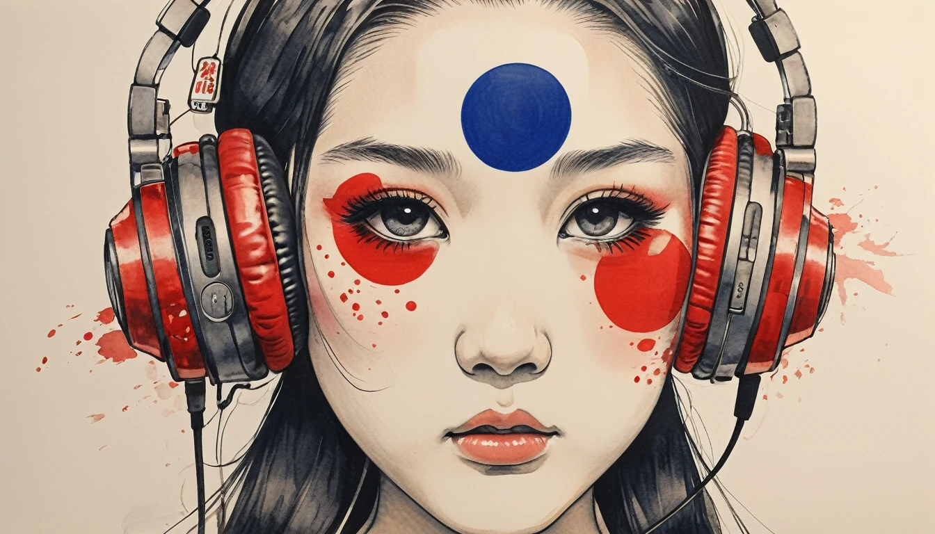 Tattoo on face, Katsushika Hokusai, Ink Painting, beautiful girl, Japanese style headphones, Delicate and precise, Modern ukiyo-e style, long hair, Japanese flag