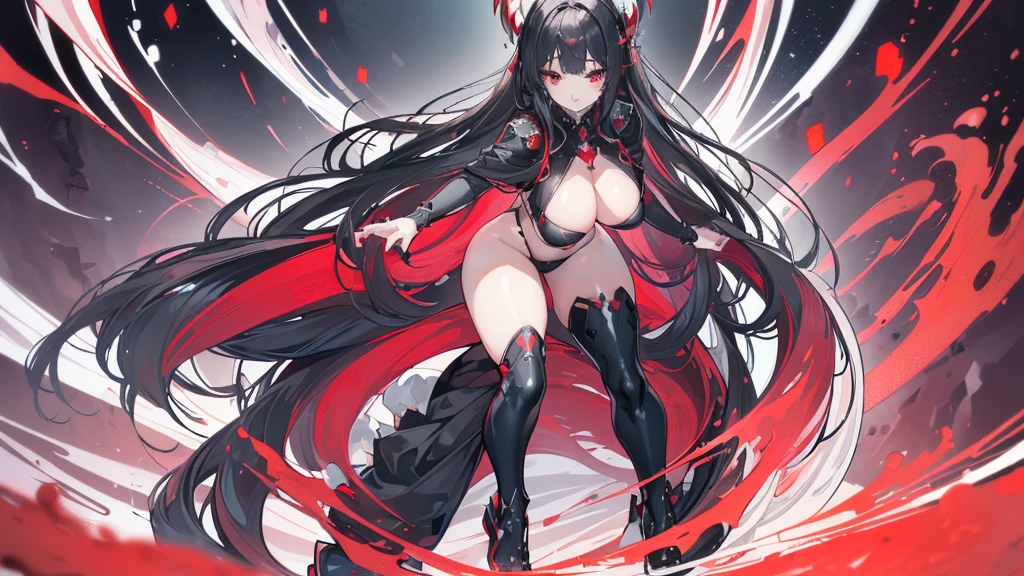 (Exquisite eyes),(Clear and beautiful eyes:1.61),masterpiece, ung girl,(Black clothes and some red gems), Black long hair, (She has a huge red gem on her chest), Good Hand,((The Havoc of StarCraft)),full-body shot,Fighting Stance,(Red Eyes:1.466),short and small,(Very big breasts:1.35),(Pretty Face),(full-body shot:1.33),Beautiful hands