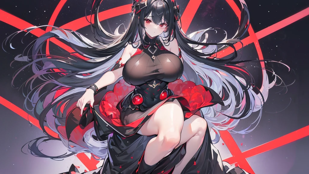 (Exquisite eyes),(Clear and beautiful eyes:1.61),masterpiece, 1 young girl,(Black clothes and some red gems), Black long hair, (She has a huge red gem on her chest), Good Hand,((The Havoc of StarCraft)),full-body shot,Fighting Stance,(Red Eyes:1.466)，short and small,(Very big breasts:1.35),(Pretty Face),(full-body shot:1.33),Beautiful hands