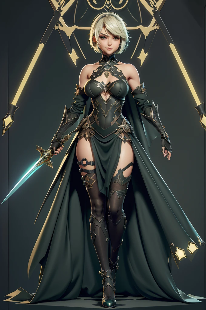 gorgeous woman, warrioress, with futuristic sword wrapped in dark structure, green leds, Beautiful girl, Waist slender, imponent pose, Grinning,sexly, extreme extravagant necklines,huge slits revealing a lot of the body,slim, fitness, full body being displayed,Nier-Automata,hips showing too much and beautiful curves