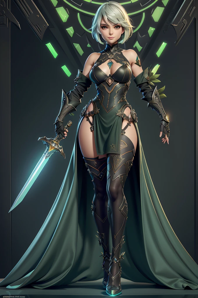 gorgeous woman, warrioress, with futuristic sword wrapped in dark structure, green leds, Beautiful girl, Waist slender, imponent pose, Grinning,sexly, extreme extravagant necklines,huge slits revealing a lot of the body,slim, fitness, full body being displayed,Nier-Automata,hips showing too much and beautiful curves