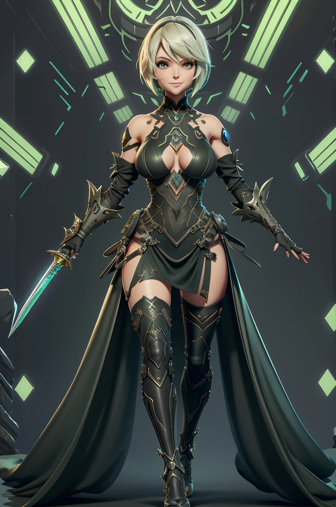 gorgeous woman, warrioress, with futuristic sword wrapped in dark structure, green leds, Beautiful girl, Waist slender, imponent pose, Grinning,sexly, extreme extravagant necklines,huge slits revealing a lot of the body,slim, fitness, full body being displayed,Nier-Automata,hips showing too much and beautiful curves