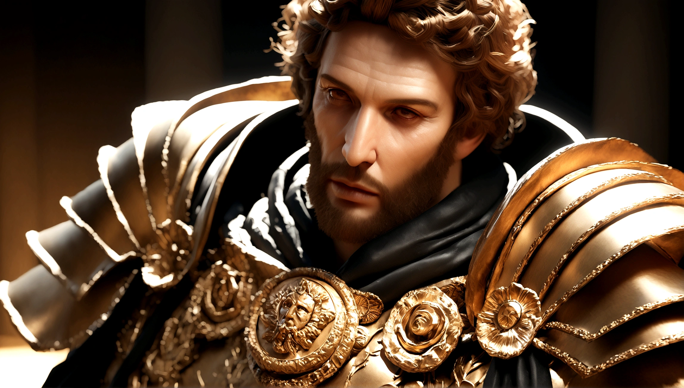 a detailed sculpture of emperor marcus aurelius, realistic 3d rendering, extremely detailed facial features, highly detailed clothing and armor, dramatic lighting, intricate bronze texture, museum quality, photorealistic, masterpiece