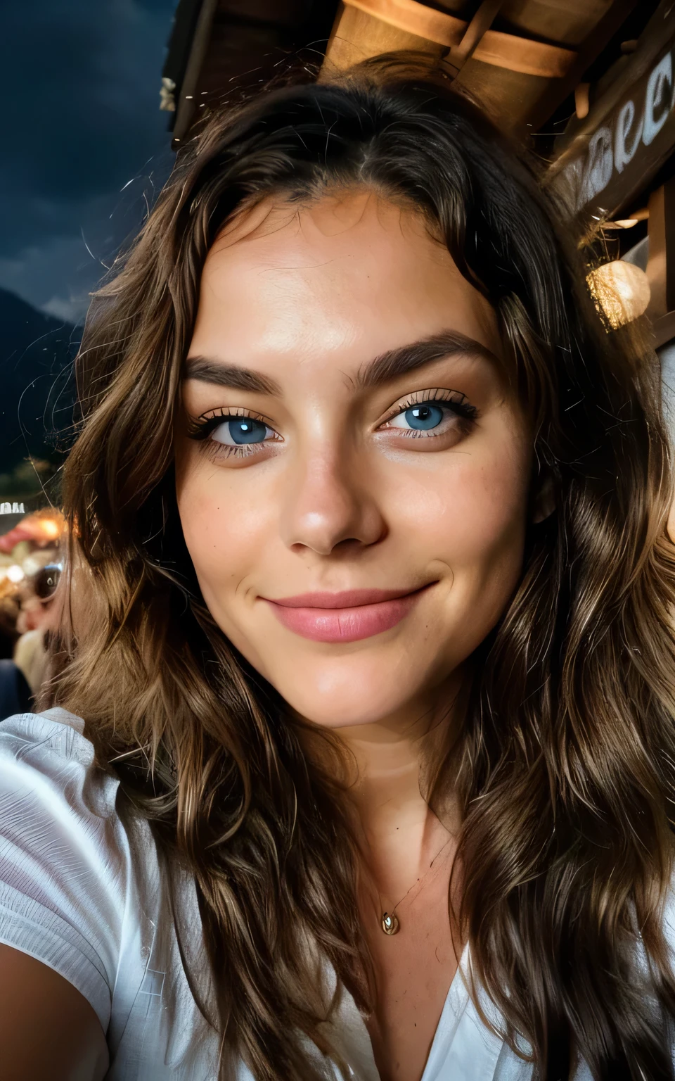 Beautiful brunette, die ein dirndel trägt (21 years old, innocent face, naturally wavy hair, (blue eye)),A bottle of craft beer on the table and a woman ((Selfie face close up, a happy)), masterpiece, beste-Qualit, Ultra-detail, En plein air, (the night), Mountains ((oktoberfest) Party, holiday), Natur, cheerful, analog style (look at the viewer: 1.2) (Skin texture) (Film grains: 1.3), (warm hue, warmer Ton: 1.2), a close-up of a, cinematiclight, sidelighting, extra high resolution, better shadow, SPIRIT, face close up, dirndel