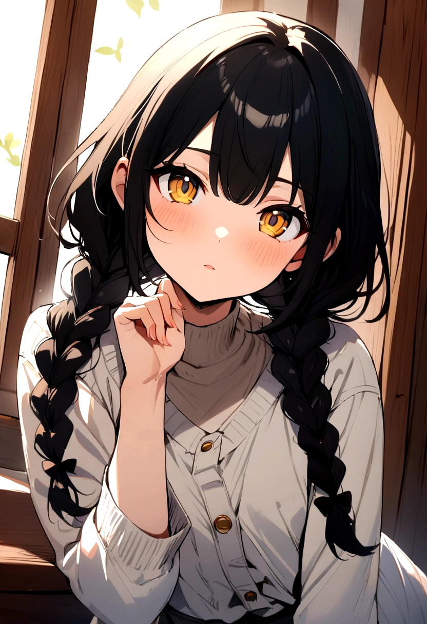 Masterpiece, anime girl, solo, looking at viewer, black hair, gold eyes, twin braids hair