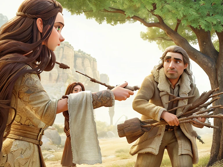 a group of starving villagers being bullied by bandits. 8k, best quality, background: an island