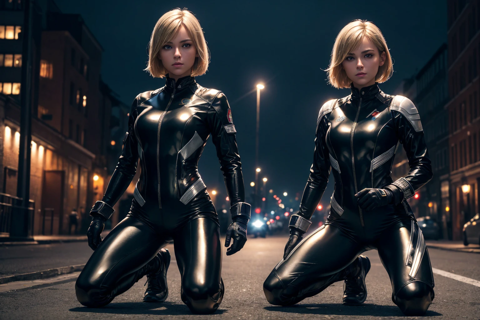 (best quality,4K,8k,high resolution,masterpiece:1.2),Ultra-detailed,(realistic,photorealistic,photo-realistic:1.37), RUSSIAN female fighter with slim physique and small face, cute, 2 girls, 18 years old, Kneeling pose, BLONDE LONG BOB CUT hair, shiny black tight-fitting combat suit with enamel finish, tight suit, gloves, Steel city background, night lighting