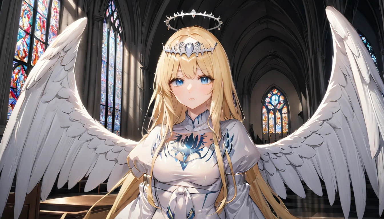 masterpiece,ultra-detailed,best quality,8K,illustration,simple background,,clean skin ,shiny hair,girl,ultra-detailed-eyes, jyojifuku, pajamas,wool,  1angel,solo, calca, blonde hair, ,( extremely long hair:1.3), very long hair, extra long hair, white tiara, white dress, blue eyes,Calca Bessarez, medium breast,Calca, indoor, church, cathedral, stained glass, close up, upper body, very large white wings, angel feature wings, halo