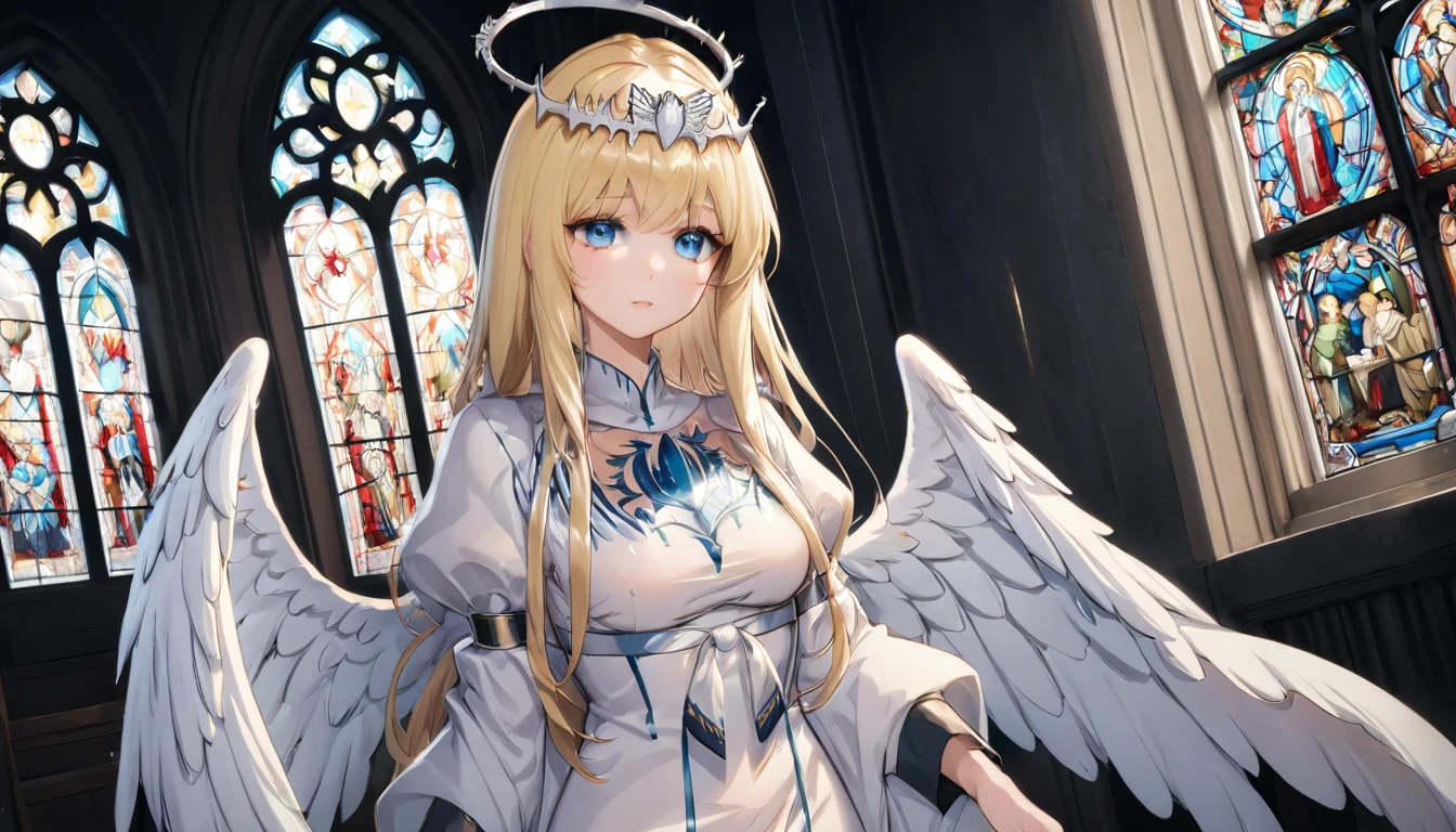 masterpiece,ultra-detailed,best quality,8K,illustration,simple background,,clean skin ,shiny hair,girl,ultra-detailed-eyes, jyojifuku, pajamas,wool, 1angel,solo, calca, blonde hair, ,( extremely long hair:1.3), very long hair, extra long hair, white tiara, white dress, blue eyes,Calca Bessarez, medium breast,Calca, indoor, church, cathedral, stained glass, close up, upper body, very large white wings, angel feature wings, halo