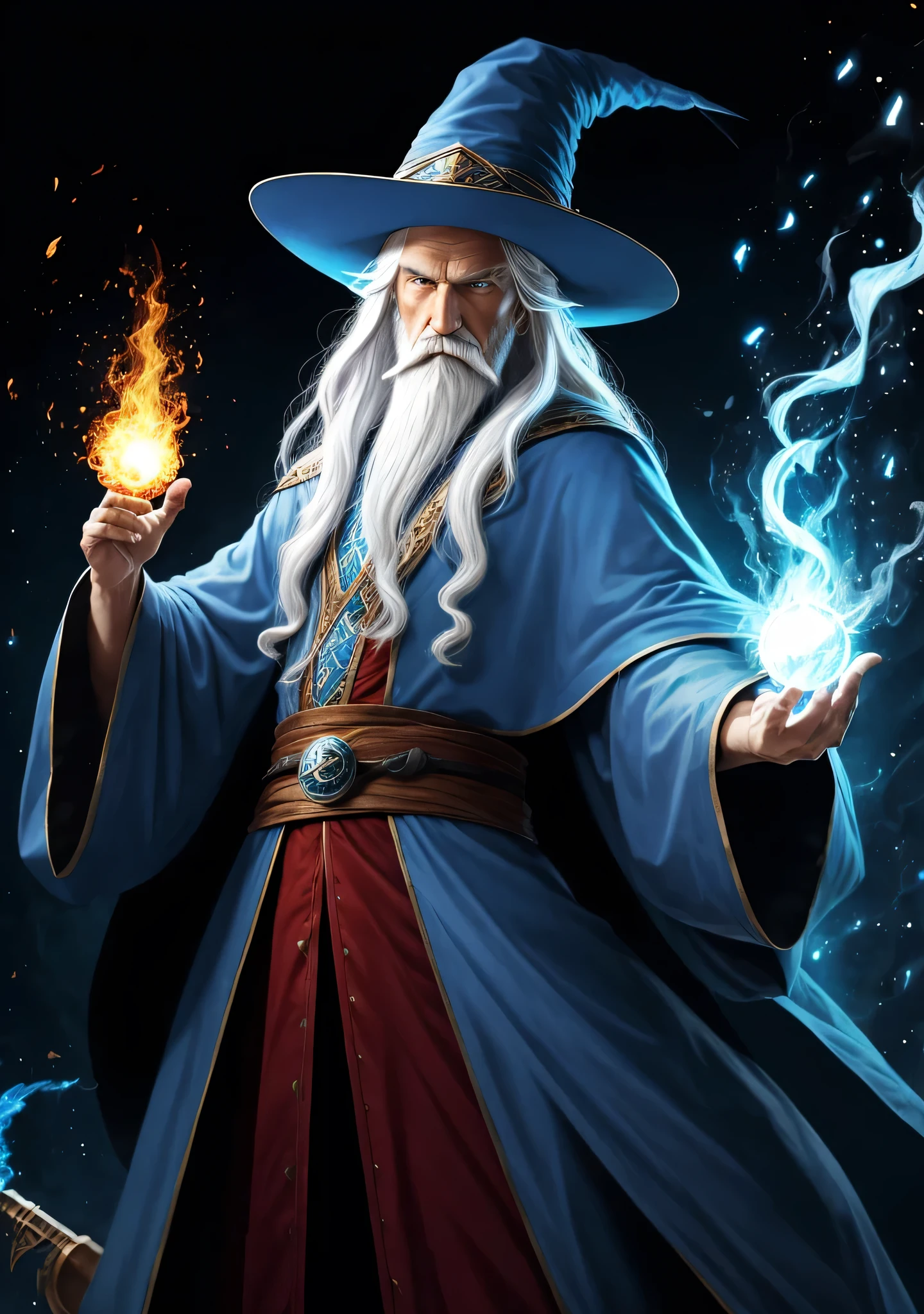 old wizard, blue colored eyes, long white hair, Pointy hat, magician clothing, holding a fireball in his hand