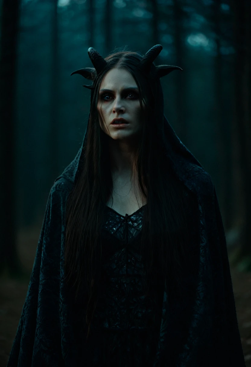 beautiful evil slavic muscular woman, pale skin, long hair, orange eyes, black horns, hood, sad, hurt, gloomy dark background, shrouded spirit, black horns, pinnacle, forest, (intricate details, hyperdetailed:1.15) (skin texture:1.2), cinematic, professional, 4k, (((dynamic model pose))), sitting, full body, mesmerizing, dynamic, dramatic, dynamic pose, highly detailed skin with hair, subcutaneous veins, light and shadow play, highly detailed,24mm photograph, film, bokeh, professional, 4k,