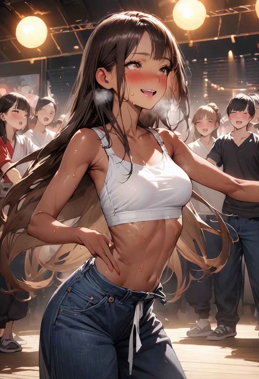 ((masterpiece,Highest quality:1.3,best quality illustration,realistic)),cowboy shot,独奏,1woman,(18-year-old、Japanese Beauty)、brown hair,long hair,center parted bangs,brown eyes,gorgeous eyes,((very small head:1.3)),blush,smile,Heavy breathing、((very long body:1.2,skinny)),medium breasts,(tan skin:1.4), (gleaming skin,toned body,slender body),sweat,(White tube top bra、Denim wide pants),dancing、street dance、stage、Tokyo、