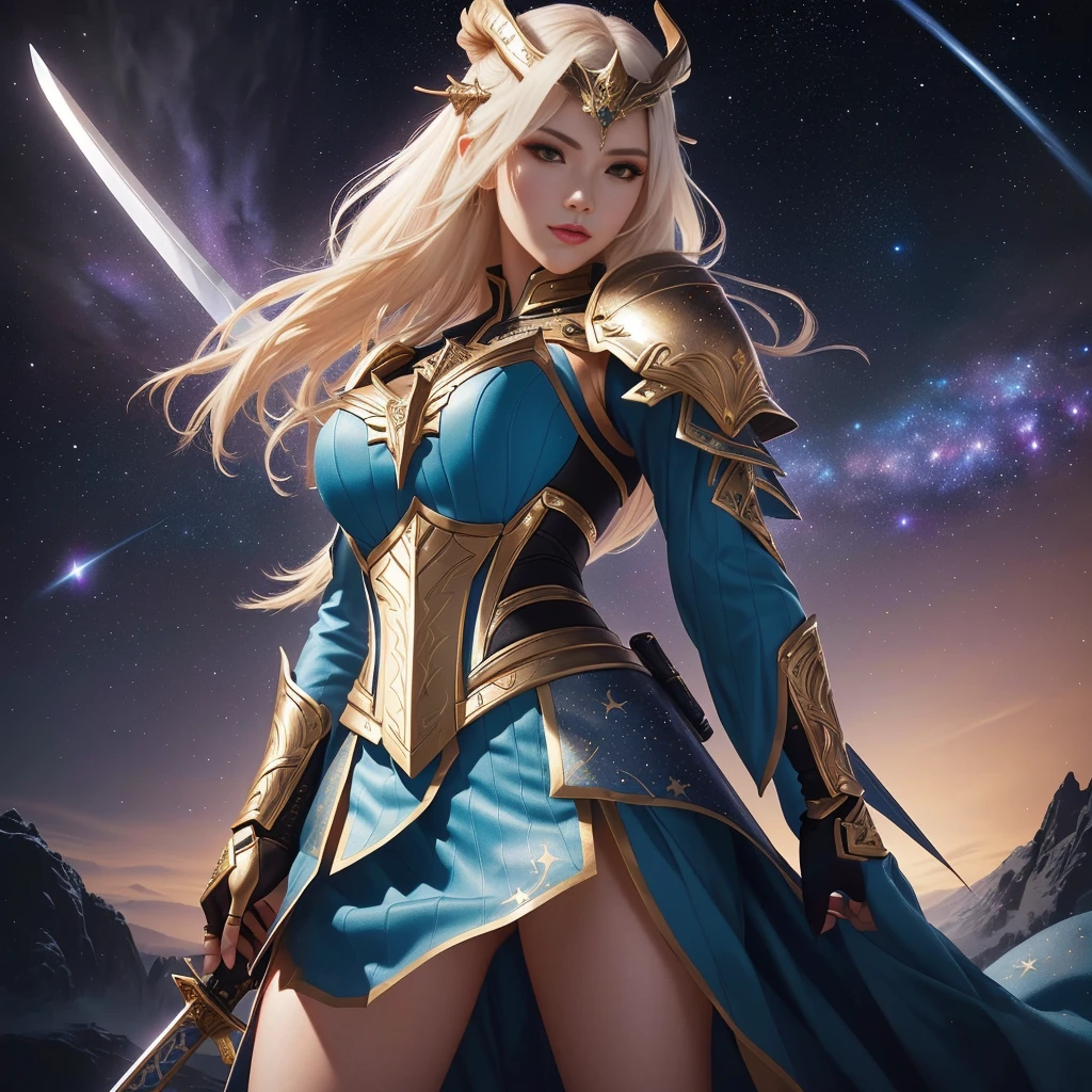 unreal-engine，super high image quality，High detail depiction，Cold Goddess，Through the long sword，Long legs，Dynamic perspective。 --auto