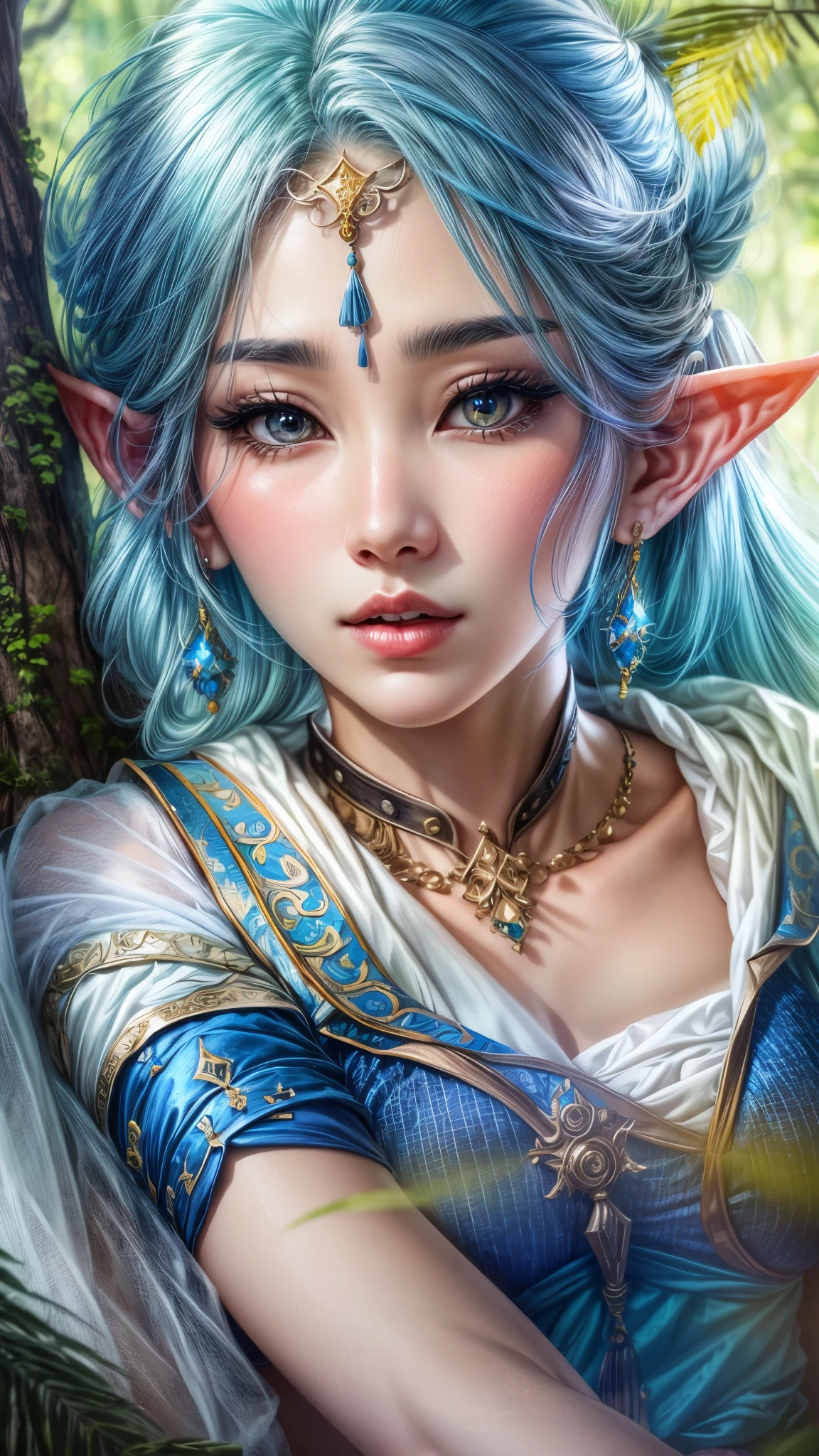 a beautiful korean woman with blue hair, pointed elf ears, stunning eyes, sitting on a tree with a sensual, dynamic character, wearing princess and warrior style clothes, in a lush forest background, detailed 8k, high quality, best lighting, photorealistic