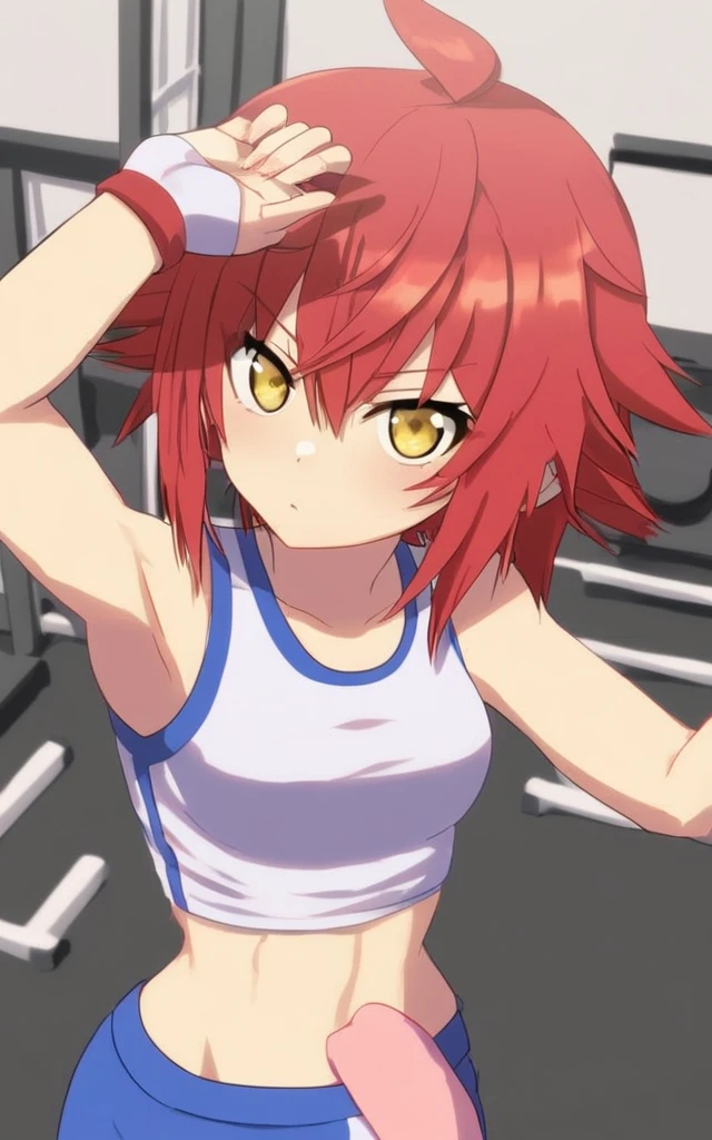 Gym anime girl with short red hair like Tomo chan, six pack and yellow eyes