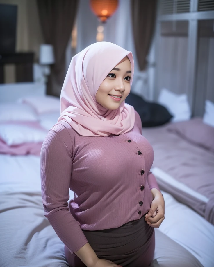 (64k, RAW photo, 1 matured malay girl with pink hijab, best quality, masterpiecel1.4), ((laying on a bed)), (realistic, photo-realistic:1.37), ((upper body poses)), photo of a women in pink hijab, (lighting), ((perfect-breasted:1.2)), ((seductive poses)), ((chubby body)), ((smirk)), ((sexy pink dress))