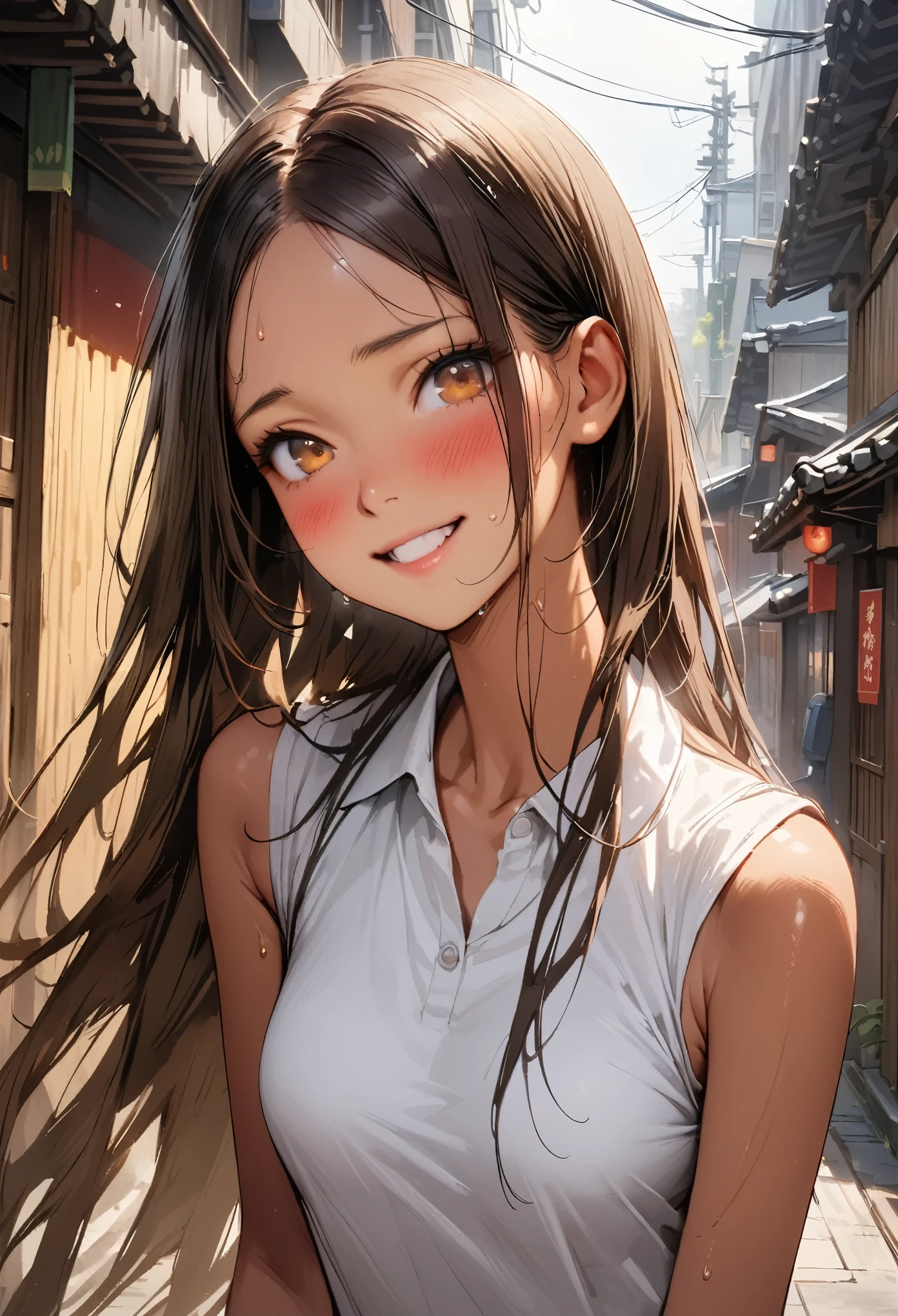 ((masterpiece,Highest quality:1.3,best quality illustration,realistic)),cowboy shot,独奏,1woman,(18-year-old、Japanese Beauty)、brown hair,long hair,center parted bangs,brown eyes,gorgeous eyes,((very small head:1.3)),blush,shy,smile,((very long body:1.2,skinny)),medium breasts,(tan skin:1.4), (gleaming skin,toned body,slender body),sweat,(White sleeveless polo dress),walk、Alley、Tokyo、