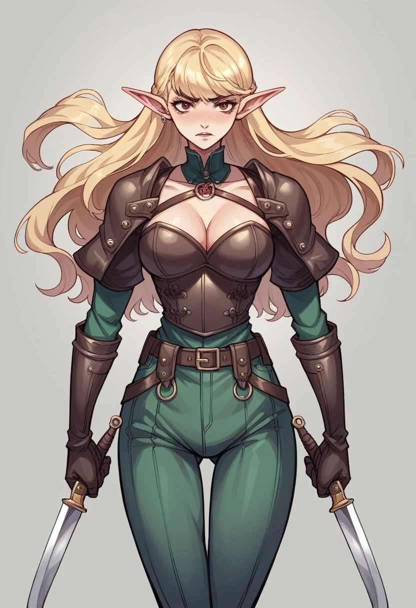The 16-year-old elf heroine has striking blonde hair that falls in tousled waves around her face, framing her delicate features. Her slender physique exudes a sense of agility and flexibility, perfectly suited to her robber persona. Clad in rugged dark robber attire, she wears protective leather armor that suggests her preparedness for any encounter. The glint of throwing knives secured to her belt adds a dangerous edge to her youthful and energetic aura, hinting at the formidable skills hidden beneath her seemingly innocent appearance.