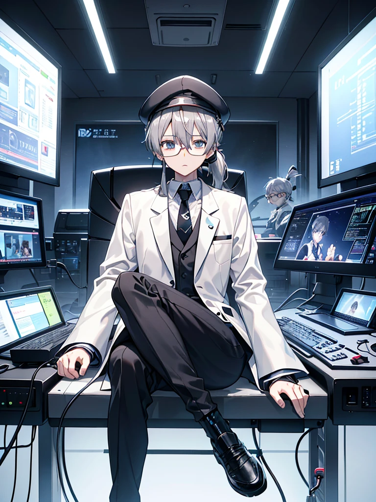 （Mastepiece）（High definition）age Japanese male android、Gray Hair、ponytail、hat、Tuxedo、tie、Wearing round rimless glasses、Sitting、It is connected to the machine by multiple cables.（charging）、background（A science fiction-like electronic world、A space that feels like the inside of a machine、Virtual space、Near future）