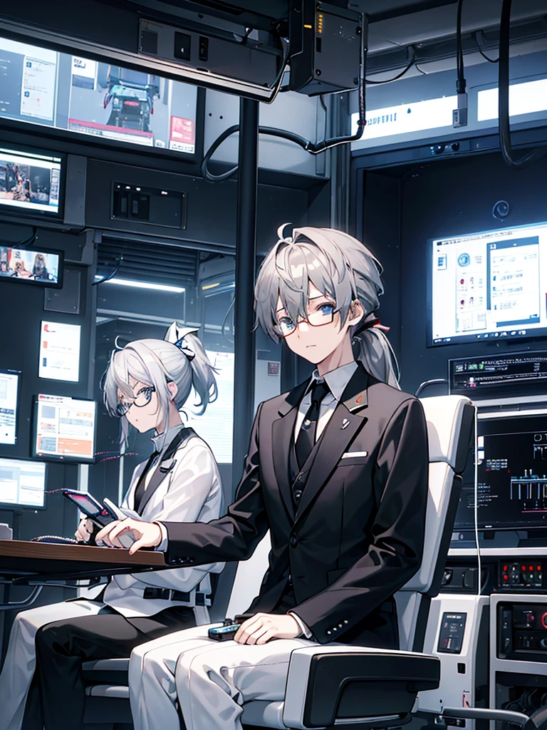 (Mastepiece)(High definition)age Japanese male android、Gray Hair、ponytail、hat、Tuxedo、tie、Wearing round rimless glasses、Sitting、It is connected to the machine by multiple cables.(charging)、background(A science fiction-like electronic world、A space that feels like the inside of a machine、Virtual space、Near future)