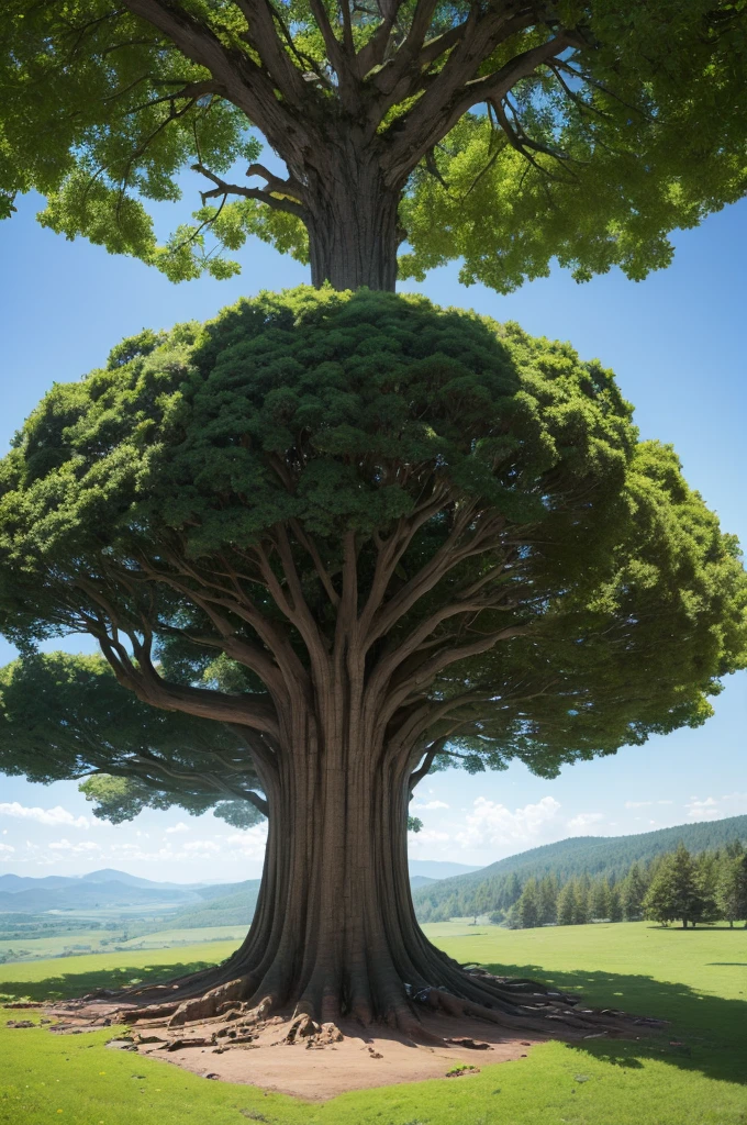 Create a scene of a GIANT Tree, very big indeed, Broken, lying on the ground with a huge crater in it
