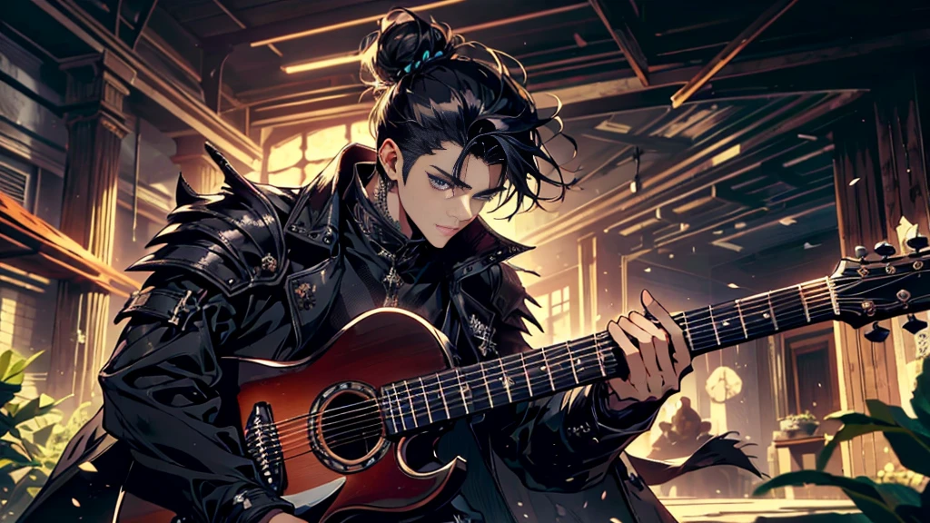 "best quality , High quality , The best details ,Portrait of a passionate guitarist,father,black knight armor,((black long coat)), ((all black)), (blue eyes) ,Short Black Quiff Hair with Soft Fringe, Black hair tied in a low bun, shaved on the sides, turned to the left of center.((black long coat)), ((all black)), (blue eyes) ,Short Black Quiff Hair with Soft Fringe, Black hair tied in a low bun, shaved on the sides, turned to the left of center. ในห้องนอน,A place where sunlight shines through , Create a play of light and shadow.. Guitarist holding a wooden guitar, inside the room, striking black shirt. Mesmerizing performance moments, Musicians immerse themselves in music.,beautiful sky,a young man,short hairstyle,(black short hair),handsome, blue eyes, handsome, father,Wear a wedding ring on the finger.