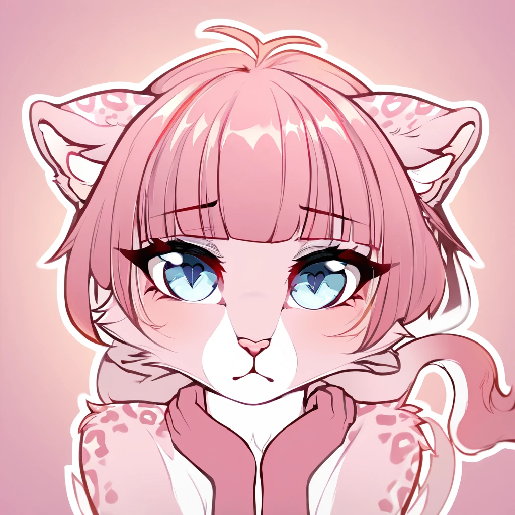 feline, mammal, anthro, anthromorphic, heart, leopard, fur, furred_anthro, female, female, bangs, ear_tufts, pink_nose, hair_tuft, hair_between_eyes, long_tail, fluffy, feline_ears, expressive_eyes, pink_hair, light looking_at_viewer, pink_fur, shy, small_pupils, spotted_pattern, digital_art, high_resolution, high_res, pastel_background, white_outline, plain background, outline around character