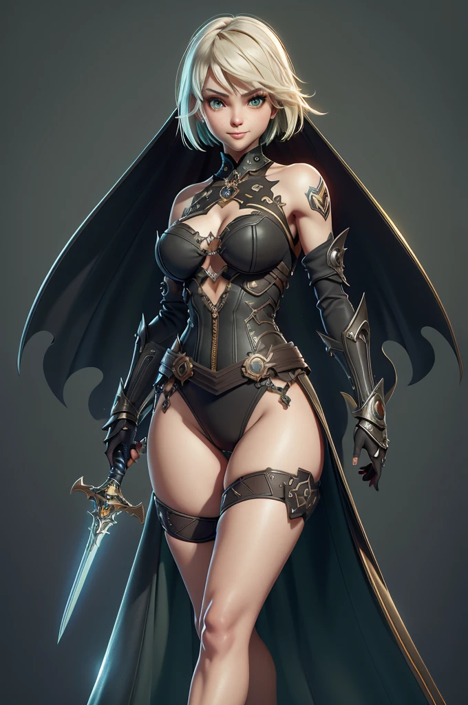 gorgeous woman, warrioress, with futuristic sword wrapped in dark structure, green leds, Beautiful girl, Waist slender, imponent pose, Grinning,sexly, extreme extravagant necklines,huge slits revealing a lot of the body,slim, fitness, full body being displayed,Nier-Automata,hips showing too much and beautiful curves,(showing hips to the top of the waist),((do not cover the hip)),((different poses)),((open waist on the side))