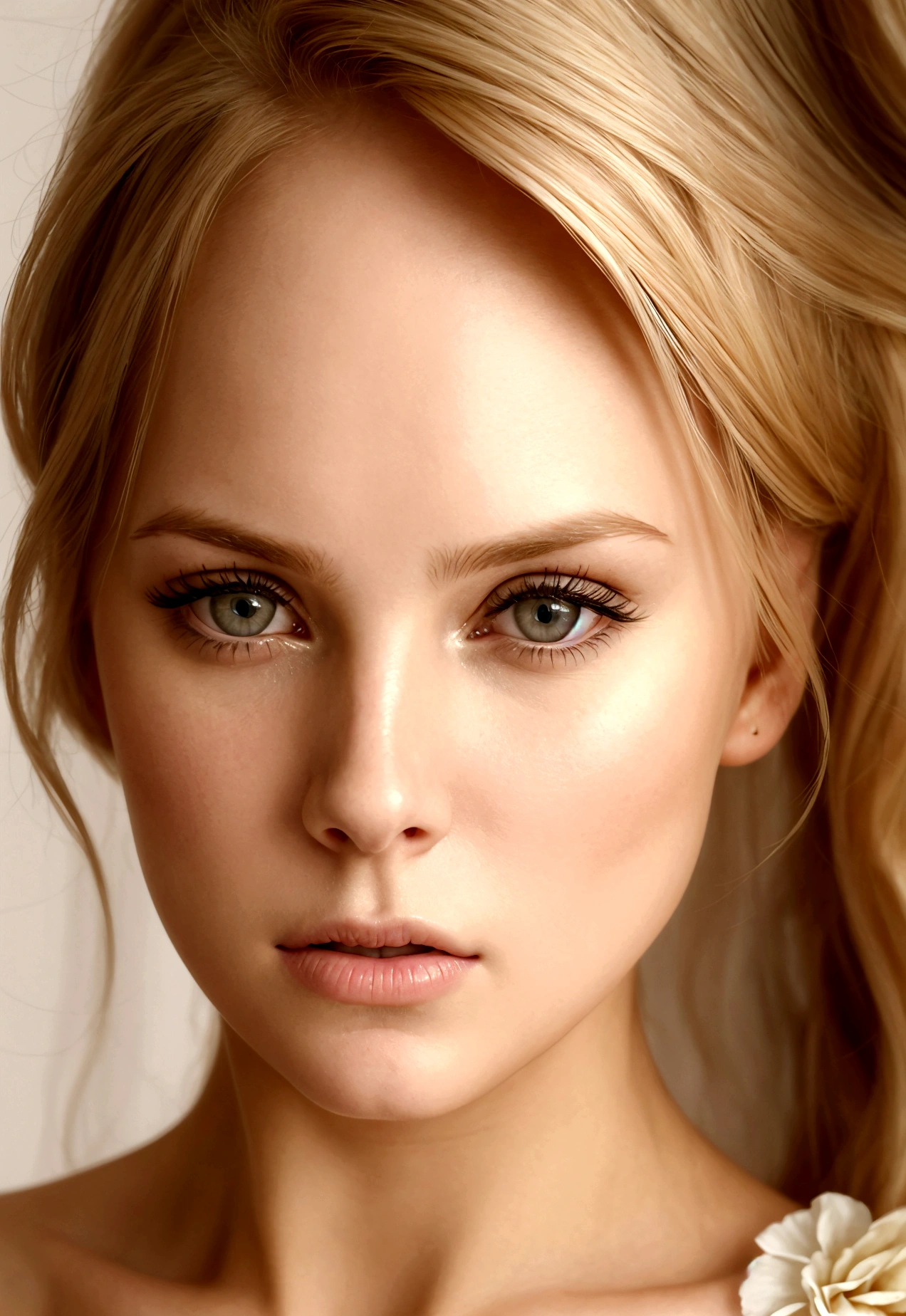 A close-up portrait of Anna Taylor, a beautiful blonde woman with an expression of surprise. The focus is on her wide, expressive eyes that convey a sense of wonder and astonishment. Her delicate facial features, including her flawless skin, full lips, and arched eyebrows, are rendered in exquisite detail, further emphasizing the intensity and emotion of her surprised expression.