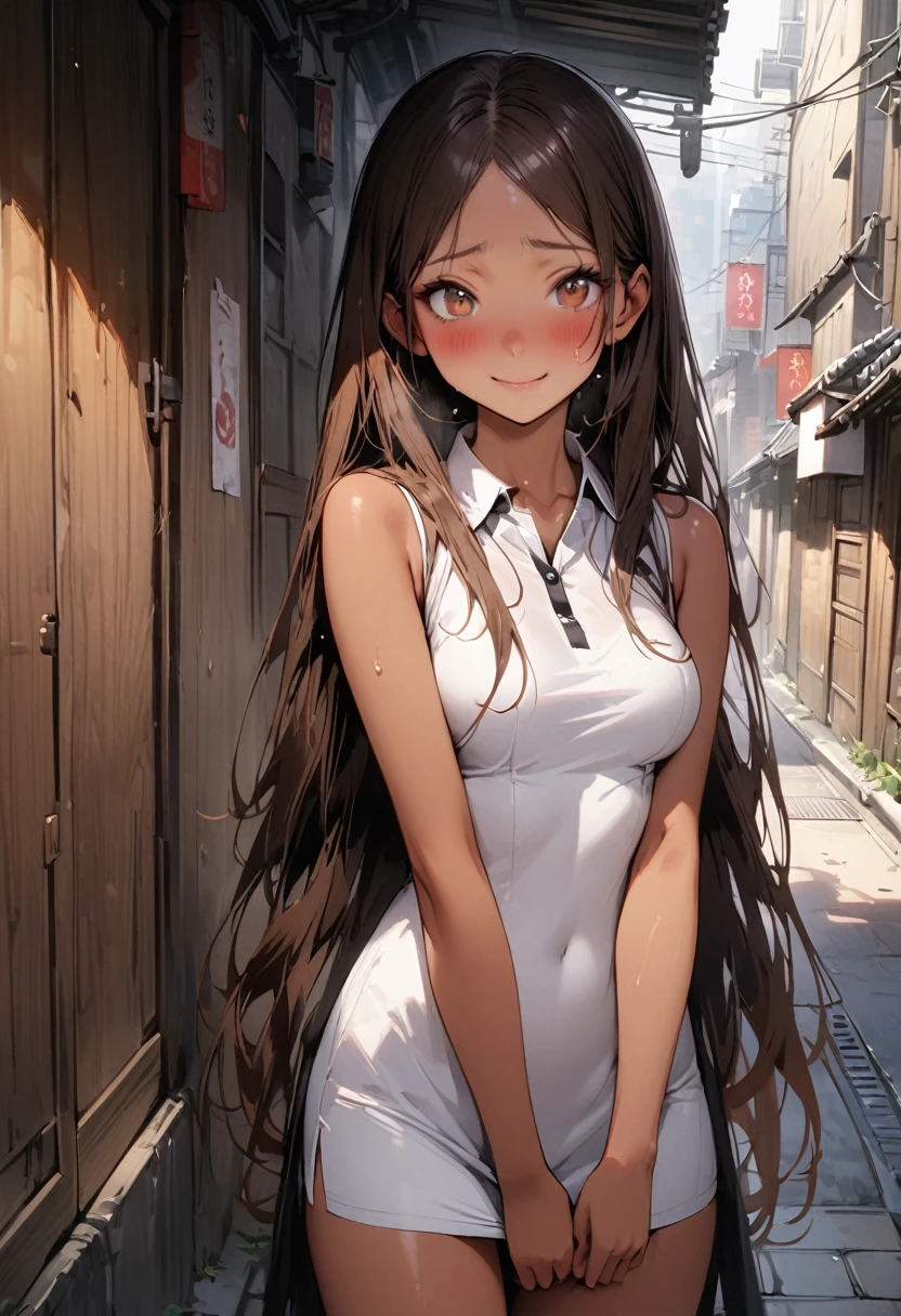 ((masterpiece,Highest quality:1.3,best quality illustration,realistic)),cowboy shot,solo,1woman,(20-year-old、Japanese Beauty)、brown hair,long hair,center parted bangs,brown eyes,gorgeous eyes,((very small head:1.3)),blush,shy,smile,((very long body:1.2,skinny)),medium breasts,(tan skin:1.4), (gleaming skin,toned body,slender body),sweat,(White sleeveless polo mini dress),walk、Alley、Tokyo、