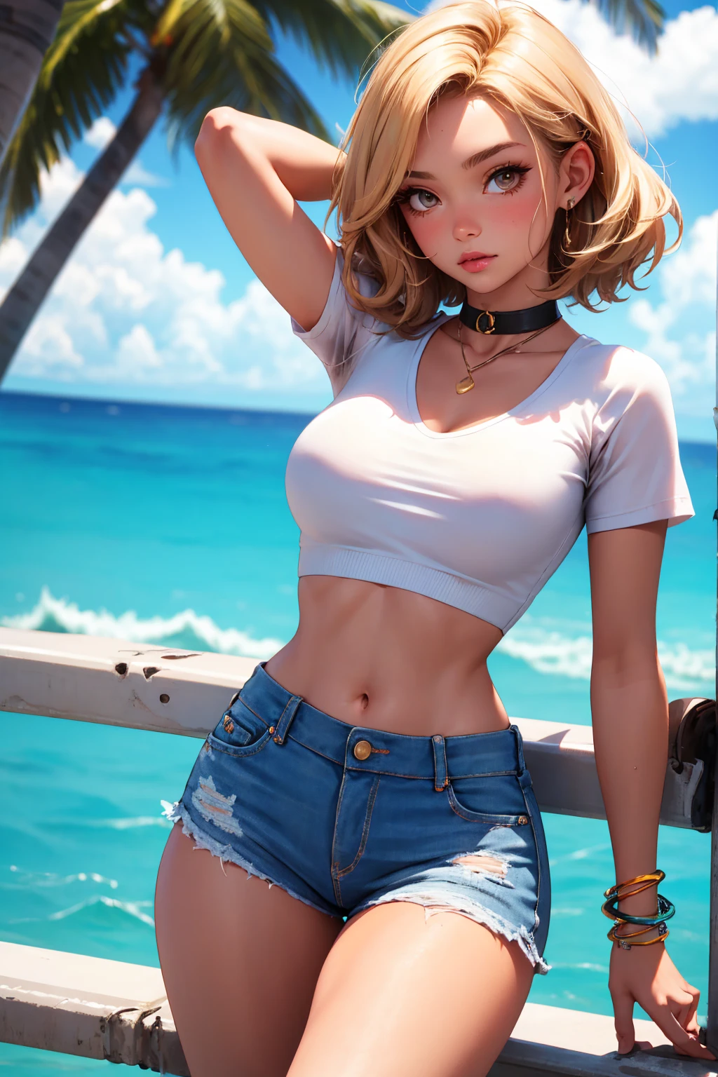 age girl-model 18 years old, beautiful, too much tanned, blonde, bob hair, bangs, brown eyes, beautiful figure, girl wearing crop shirt and too much short mini shorts, beautiful too much long legs, slave bracelets, slave choker, manicure, cute makeup, sweaty armpits, flirtatiously posing, hot summer, hot flirty, sexy posing, summer outfit, top quality, higest quality, pin-up style, retro 80s style, Daisy Dukes style, Miami vibes, Californian